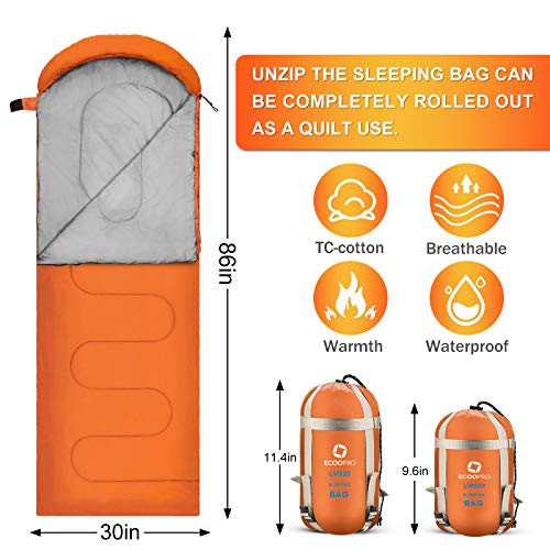 Image of ECOOPRO Warm Weather Sleeping Bag - Portable, Waterproof, Compact Lightweight, Comfort with Compression Sack - Great for Outdoor Camping, Backpacking & Hiking-83 L x 30 inch W Fits Adults