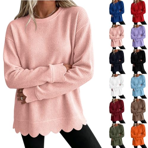Waffle Knit Tops for Women Oversized Crew Neck Long Sleeve Scalloped Tops | Cute, Lightweight, Fall Winter Tops, Casual, Textured, Winter, Western, Holiday, Comfort, Streetwear, Pink - image 1