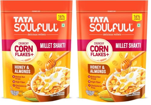 Image of Tata Soulfull Corn Flakes+, Honey & Almonds, Crunchy Corn & Millets, Baked Not Fried, Cholesterol Free, High Fiber, Wholesome Breakfast Cereal, Quick & Easy, 450g (Pack of 2)