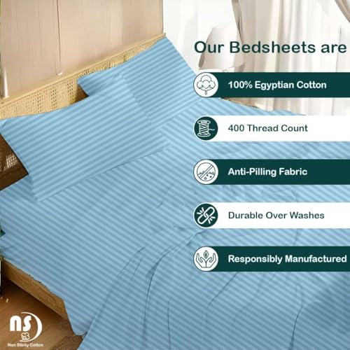 Image of NON Sticky cotton Premium 4 Piece Egyptian Cotton Fitted King Sheet Set, Hotel Quality Soft Breathable Bedding Sheets, 18 inch Deep Pocket, 78 inch X 80 inch, Light Blue Stripe