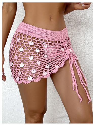 SHENHE Women's Crochet Bikini Cover Up Sequin Hollow Out Beach Mini Skirt Swimsuit Cover Ups4