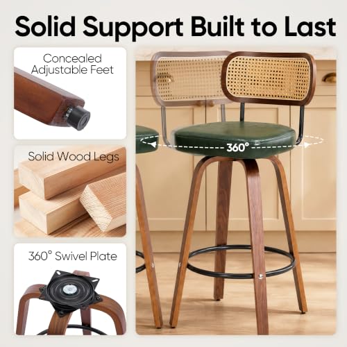Image of Rattan Bar Stools Set of 2,Upholstered PU Leather, 30''Counter Height Barstools with Back and Wood Legs,360Swivel,Mid-Century Modern Bar Stool for Kitchen Island Dining Room and Bar(Vintage Green)