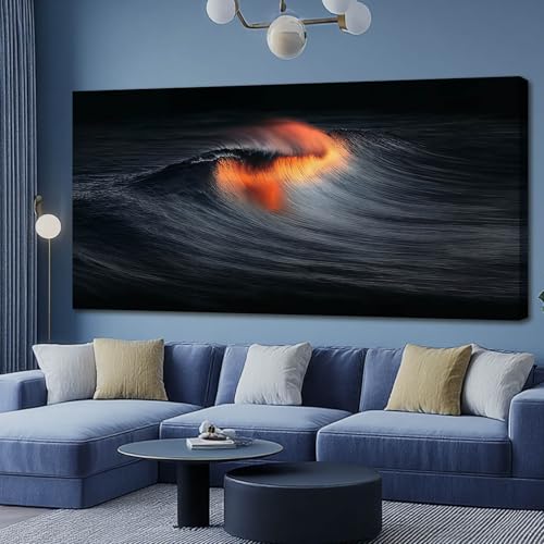 YETHEN WAL Black Ocean Wave Wall Art Glowing Sunset Canvas Prints Abstract Seascape Artwork for Living Room Bedroom Office Decor 29x58 Inch