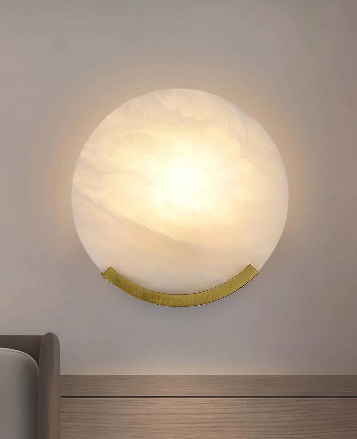 Alabaster Wall Sconce, 7.87 Inch Round Marble Wall Sconces with Natural Stone Lampshade & Gold Metal Base MCM Wall Light Fixture for Bedroom Living Room Kitchen Island Home Office