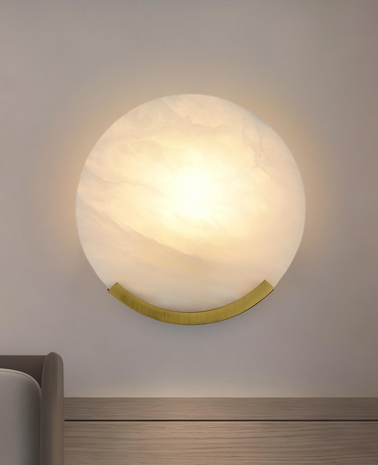 Photo 1 of ALABABATA Alabaster Wall Sconce, 7.87 Inch Round Marble Wall Sconces with Natural Stone Lampshade & Gold Metal Base MCM Wall Light Fixture for Bedroom Living Room Kitchen Island Home Office