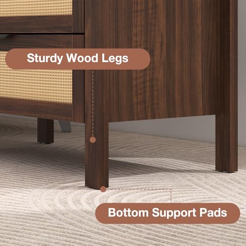 HOMMPA Rattan Night Stand with Charger Station Set of 2, 26'' Wide Boho Nightstand with 3 Drawer, Modern Bedside Table with Plug, Bed Side End Table Dresser with Open Shelf for Bedroom, Walnut — view 6
