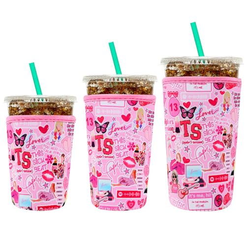 Image of YR Reusable Neoprene Insulator Sleeve for Iced Coffee Cups, 3 Pack Coffee Coolies sleeves for Iced & Hot Drinks, Cold Beverage Cooler Compatible with Starbucks Coffee and More (Pink)
