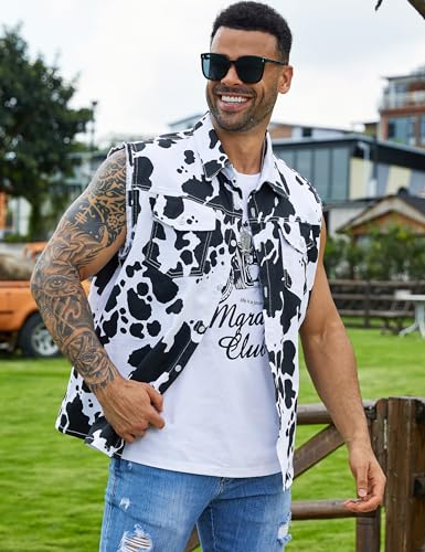 Cow Print Vest Men Sleeveless Cowboy Jacket Animal Pattern Shirt Western Tops Halloween Outfit3