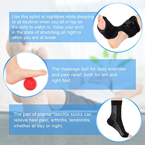 Plantar Fasciitis Night Splint Compression Socks Massage Ball Kit, Plantar Fasciitis Support Brace, Orthotic Foot Drop Brace Day for Men and Women, Stretching Straps for Pain Relief Achilles Heel Spur