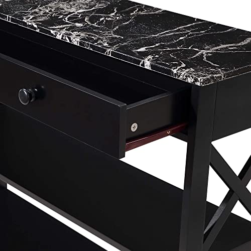 Image of Convenience Concepts Oxford 1 Drawer Console Table with Shelves, Black Faux Marble /Black