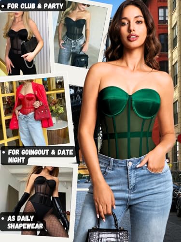 Image of Kaei&Shi Sheer Mesh Overbust Corset,Sexy Strapless Lace Up Satin Bra Corsets Top For Women Shapewear