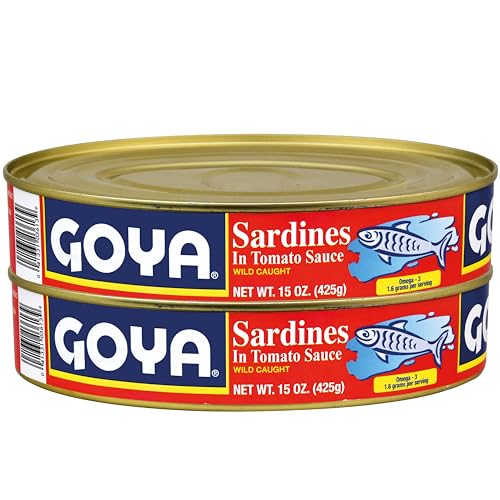 Goya Sardines in Tomato Sauce, Pack of 2 (15 oz Cans) Wild Caught Sardines in Rich Tomato Sauce for Salads, Snacks, Sandwiches, and Latin-Inspired Meals