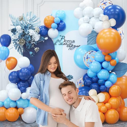 Image of BAUANOOY Blue and Orange Balloons, 60pcs 12 Inch Orange Blue White Nude Latex Balloon with Confetti Balloons Ribbon for Baby Shower Graduation Blue Birthday Party Decorations