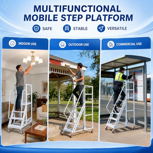 Image of 6-Step Rolling Warehouse Step Ladder, Lockable Wheels, Non-Slip Wide Steps, Dual Handrails, Movable Platform Ladder, Rolling Stairs for Warehouse, Supermarket, Library (White, 6 Steps)