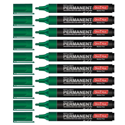 Image of Soni OfficeMate Permanent Marker - Green | Refillable, Thick Barrel Design | Quick-Drying, Waterproof & Fade-Resistant | Alcohol-Based Ink, Non-Bleeding | Multi-Surface Use - Plastic, Glass, Ceramic,