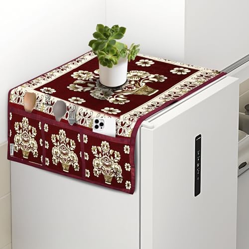 Image of Polyester Fridge 3-Layered Refrigerator Top Cover with 6 Side Pockets Dustproof Washable Kitchen Appliance Protector (Maroon, 39x21 Inch)