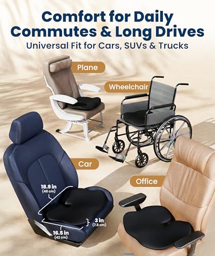 Image of Everlasting Comfort Car Seat Cushion for Driving - Orthopedic Car Cushion for Office, Travel, Gaming Chair Memory Foam Driver Booster for Short People, Non-Slip, Washable Cover, Back & Sciatica Relief