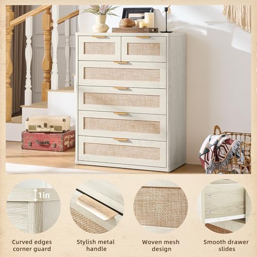 Image of LEYAOYAO White Dresser for Bedroom, 41 inch Tall Chest of Drawers, Modern 6 Drawers Boho Rattan Dressers with Storage, Dresser Wooden Closet Organizer for Living Room, Hallway