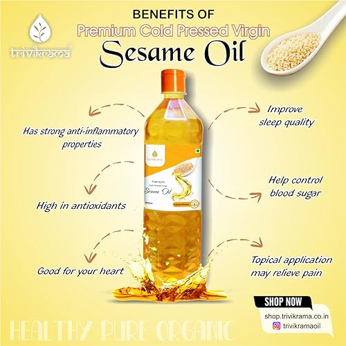 Image of Trivikrama Sesame Oil Bottle, 500 ML (Cheku /Ghani) | 100% Pure & Unrefined | Rich in MUFA & Omega-6 PUFA | Multipurpose Edible Oil | Contains Natural Anti-Oxidants