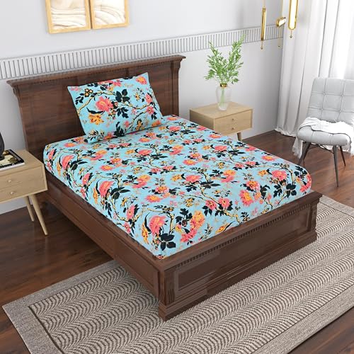 Image of Mafatlal Saanjh 144 TC Cotton Single Bedsheet 90x60 Inch | Designer Cotton Bed Sheet for Bedroom | Lightweight & Soft | Pillow Cover Included | Cobalt Blue