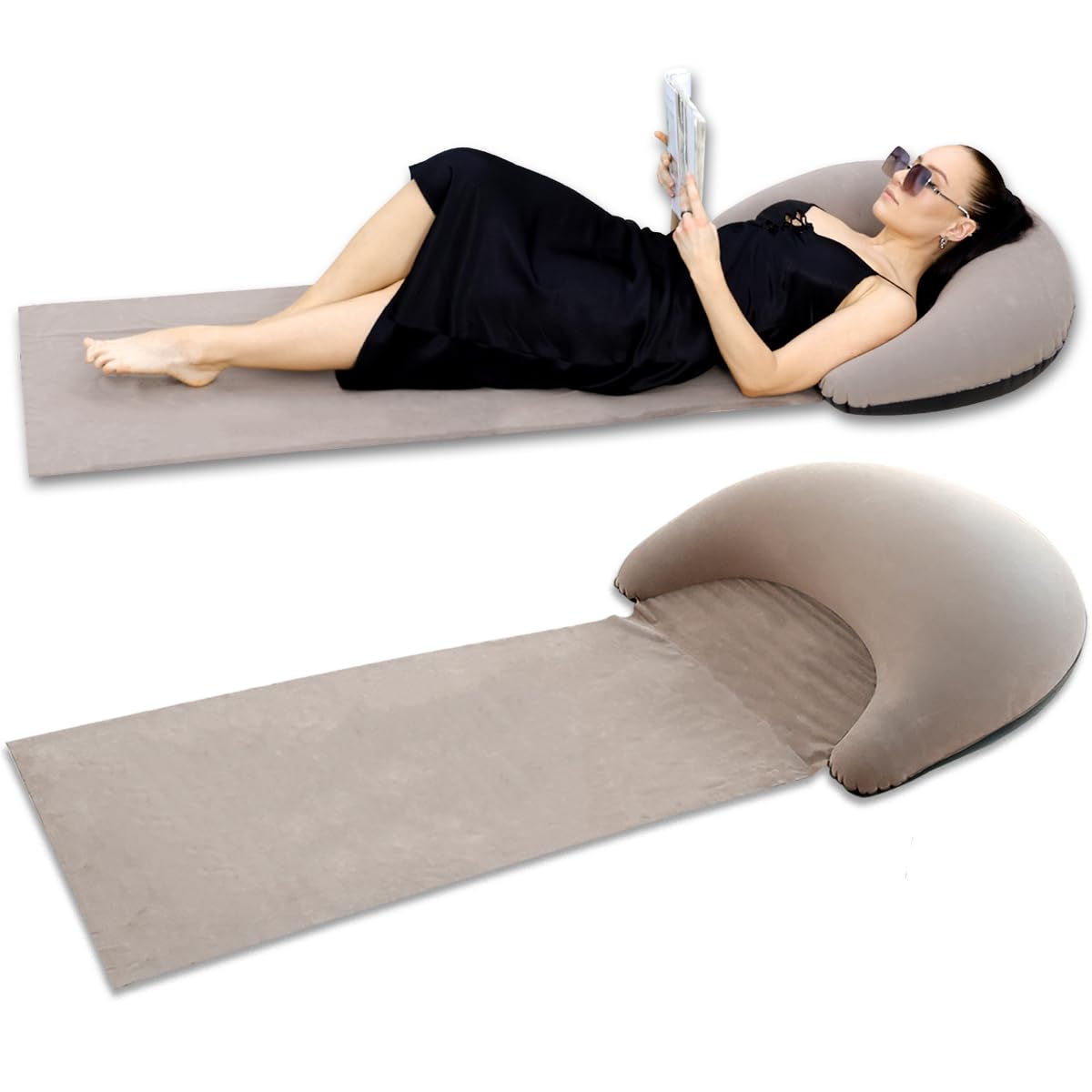 Inflatable Beach Mat Lounge Chair, Outdoor Sunbathing Sleeping Pad with Inflatable Pillow, Portable Flocking Beach Lounge Chair, Suitable for Lawn, Outdoor Camping, Travel, Beach Vacation (Khaki)