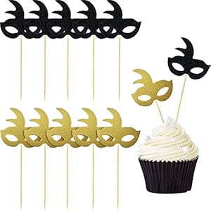 Blulu 48 Pieces Masquerade Mask Cupcake Toppers Black Gold Glitter Bachelorette Party Mask Cupcake Halloween Food Dessert Picks for Baby Shower Birthday Cake Decorations Holiday Party Supplies