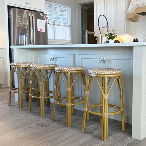 Image of PURPLE LEAF Patio Round Counter Height Stool Set of 2 Outdoor Backless Barstools Aluminum Frame in Bamboo Finish with Amber & White Woven Rattan for Indoor Kitchen Dining Bistros Cafe Restaurant