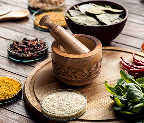 Light & Pro Handmade Carved Wooden Mortar Pestle Set Rustic Style Herb Spice Grinder Masala Mixer Manual Bowl Seasonings Pill Crusher Kitchen Utensil, Garlic Press, Coffee Grinder - 3 Inch - Natural #TOP3