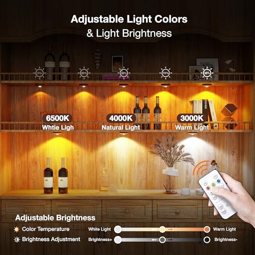 Image of UNUSROOM Rechargeable Puck Lights with Remote Control,2000mAh High Capacity Battery Operated LED Under Cabinet Lighting,Dimmable Tap Stick On& Wireless Closet Light for Kitchen Counter