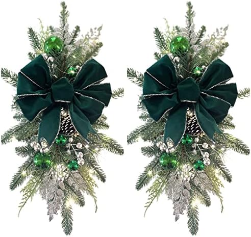 TSYFM Christmas Teardrop Swags - 2 Pack 21.6" Artificial Pine Swag With Red Berries, Bow & Pinecones For Door & Table Decor