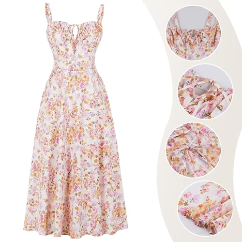 Image of Women Floral Corset Dress 2026 Boho Midi Sundress Summer Dress | Flowy A-Line Dress with Adjustable Spaghetti Straps Lace Up Back Front Slit High Waist for Vacation Wedding Guest