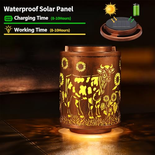 Image of Solar Lanterns Garden Decor Birthday Gifts for Women Mon Grandma Metal Hanging Solar Lights Waterproof Outdoor Decoration for Outside LED Lanterns for Yard Patio Lawn (Cow)