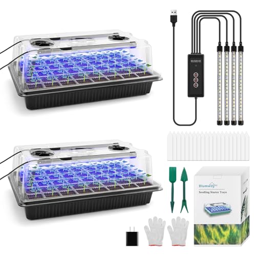 Image of BlumWay Seed Starter Tray with Grow Light,2 Pack 80 Cells Seedling Tray Kit with Humidity Dome /Indoor Plant Starter Kit, Adjustable Brightness Plant Germination Trays-Black