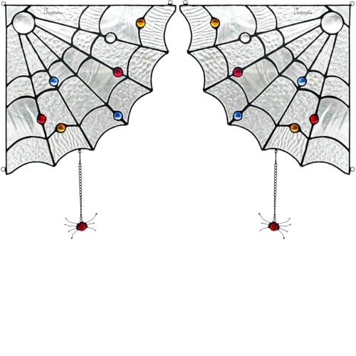 LITEPEDIA Stained Glass Corner Window Hangings, Spider Web Decor Glass Panel, Halloween Decor, Left & Right Side Usable, Set of 2