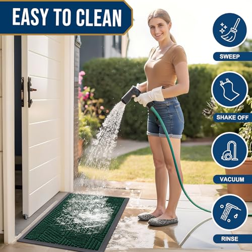 Image of Smiry Front Door Mat Outside Entrance, Heavy Duty Sturdy Natural Rubber Doormat, Trap Dirt and Moisture, Easy Clean Low Profile Welcome Floor Mats for Indoor Outdoor Entry, 35X23 Inch, Deep Green