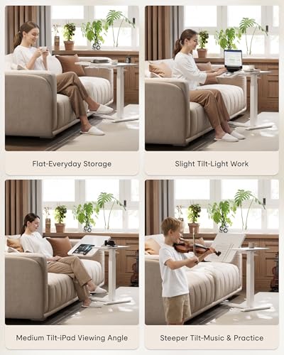 Image of FLEXISPOT Adjustable Height C-Shaped End Table with Single-Side Tilting Top, Mobile Side Table for Sofa & Bedside, Slides Under Furniture, Hidden Wheels for Small Spaces, 27.6 inch W x 15.7 inch D, White