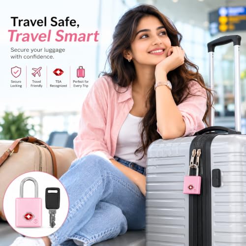 Image of QUIRA TSA Approved Travel Padlock with Key, Luggage Lock for Suitcase, Backpack, Locker & Travel Bags, Heavy Duty Security Lock (Pink)