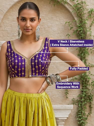 Image of TRENDMALLS Women's Dhupion Silk Embroidery Sequence Work V Neck Sleeveless Blouse Choli Stylish Saree Blouse Ready to Wear