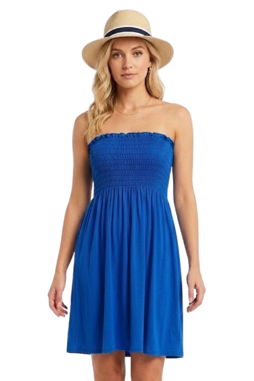 NAZ Fashion Women Ladies Sheering Gather Bandeau Boobtube Plain Top Mini Dress Blue UK 12 to 14