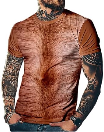 Funny Muscle Shirt for Men Hairy Chest Graphic T Shirt, Round Neck Stretch Short Sleeve Tee, Novelty Summer Top S-5XL