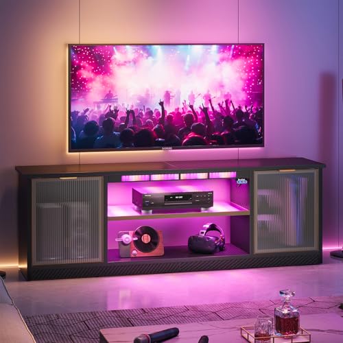 Bestier Gaming TV Stand with Music Sync Light, Flow Vibe Entertainment Center with Storage for PS5 Xbox, RGB LED Party Modes Television Stands for 50/55/60/65 inch TV (Black 3D Carbon Fiber, 57 inch)