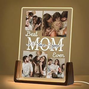 Personalized Mothers Day Gifts for Mom, Customized Acrylic Plaque Printed with Photos, Custom Walnut Picture Frame with Night Light, Moms Birthday Gift from Daughter Son, Best Mom Ever Gifts
