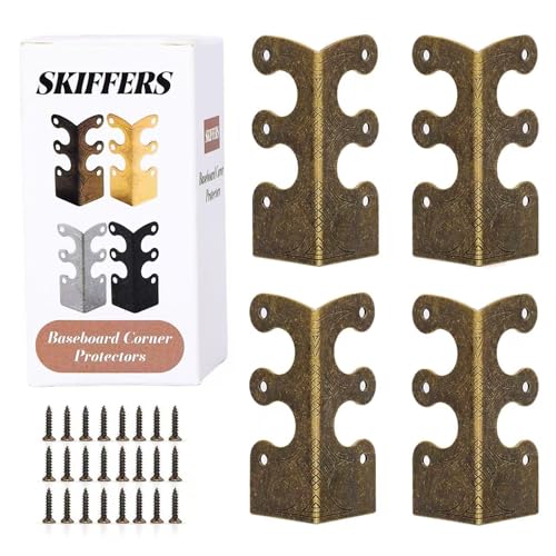 Skiffers Baseboard Corner Protectors 4 Pack, Heavy Duty 3 x 1.2 x 1.2 Inch Large Skirting Board Corner Protectors, Vintage Metal Wall Edge Covers with Mounting Screws (Bronze)