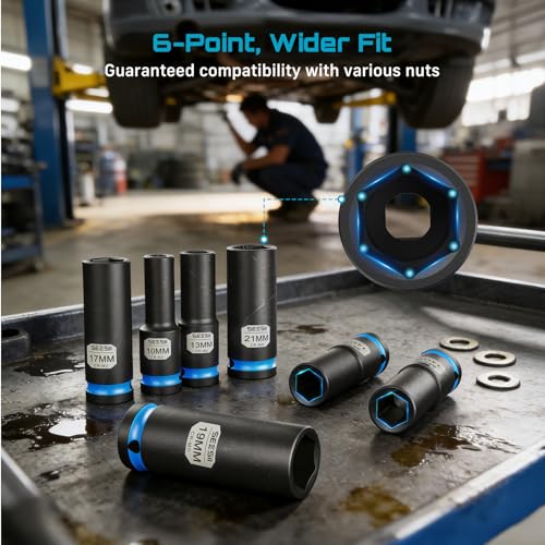 Image of SEESII 1 /2 inch Impact Socket Set Deep with Magnetic Rail, 11pc Metric 10-24mm, 6-Point, Lug Nut Removal, Heavy Duty Automotive Set for Trucks SUVs Import Vehicles
