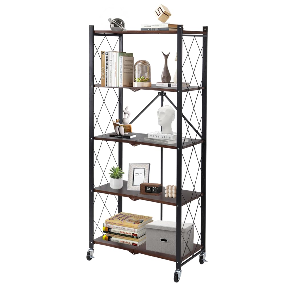 Hershii Folding Storage Shelves on Wheels, 5-Tier Metal Shelving Unit, Standing Bookcase Display Rack for Kitchen, Living Room, Office, Garage, Pantry, 68 x 34 x 152cm, Black Walnut Color