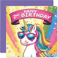 2nd Birthday Card - Cool Unicorn Sunglasses - Unicorn Birthday Card for 2 Year Old Girl, Age 2 Birthday Cards Second Birthday Card, 145mm x 145mm Cute Greeting Card
