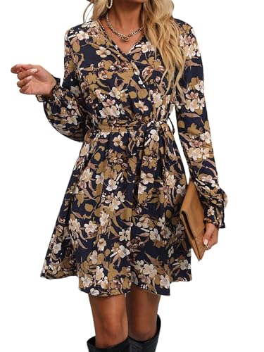 SweatyRocks Blusenkleid Damen Langarm Blumenkleid Herbstkleid Elegantes Wickelkleid Mit Gürtel Midikleid Winter Business Outfit Schwarz M