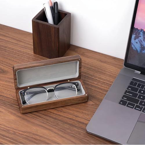 Image of Black Walnut Glasses Case - Brass Hinges & Magnetic Closure, Velvet Lining, Natural Wood Grain (Not for Large Frames)