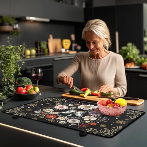 Image of Buttefly Stove Cover, Heat Resistant Silicone Stove Cover Mat, Retro Flower Gas Burners Protector, Non-slip Waterproof Mat for Glass Stovetop Protector, Heat Proof Rectangle Mat