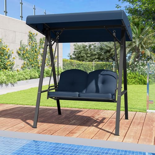 Image of Tangkula 2 Person Porch Swing, Patio Swing with Adjustable Canopy, Heavy-Duty Metal Frame & Soft Cushion, Outdoor Swing for Backyard, Garden (Navy)